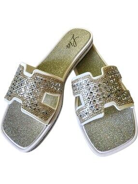 Lia Silver Sequin Glitter Slide Sandals, Size 8